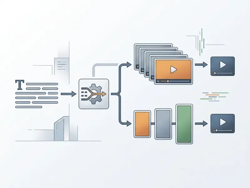 Workflow diagram showing text prompts being converted by an AI engine into horizontal and vertical videos