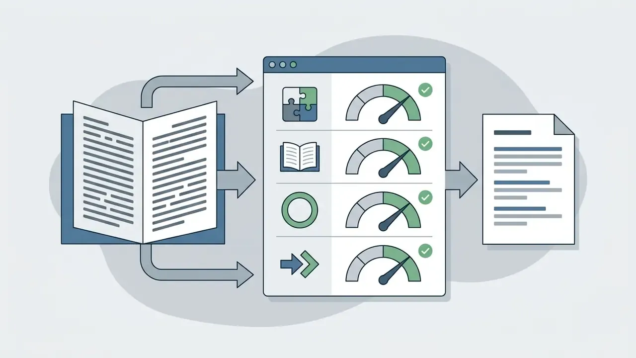 Open book feeding into a dashboard with four gauges measuring quality metrics for a final text output