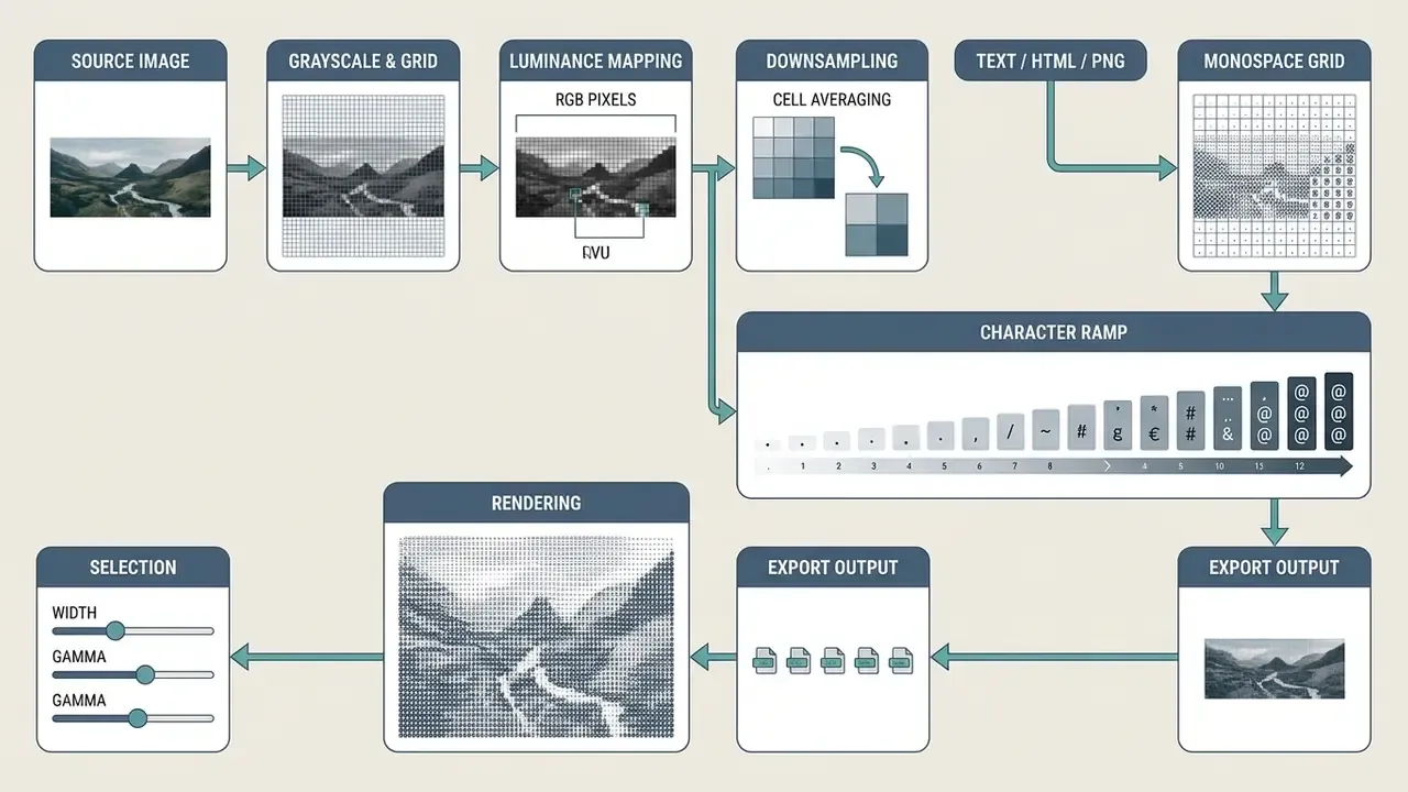 Flowchart detailing the technical stages of converting a source image into character-based digital art