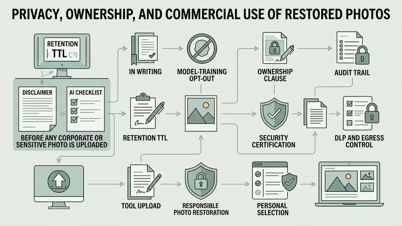 Flowchart outlining data privacy and security considerations for uploading photos to AI restoration tools