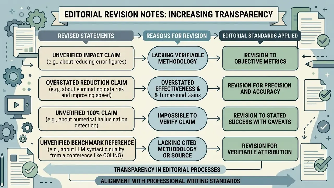 Diagram mapping editorial revision steps from unverified claims to transparent standards and documentation