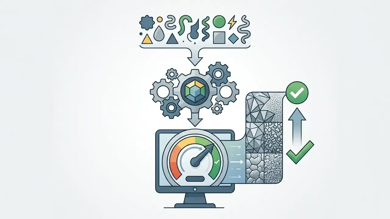 Geometric shapes feeding into a gear mechanism and monitor displaying texture refinement and checkmarks