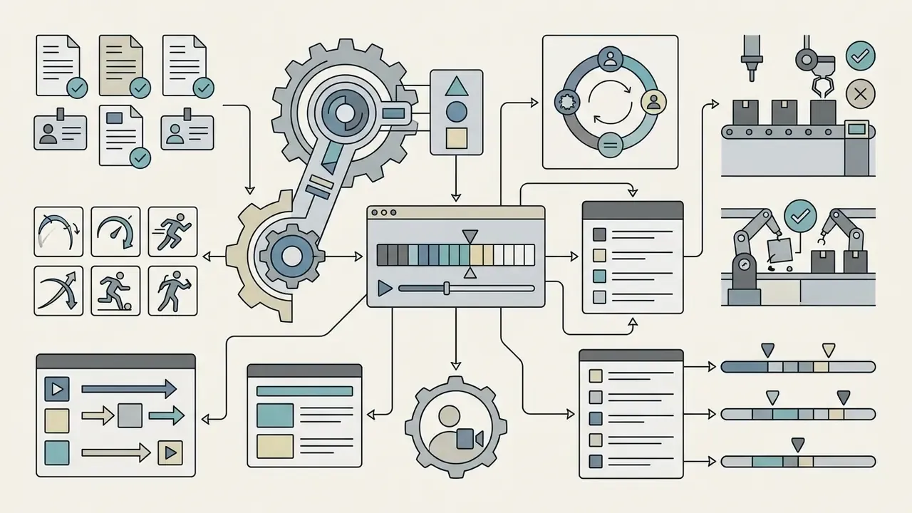Gear mechanism connecting document, sports, and manufacturing icons to a central video timeline interface