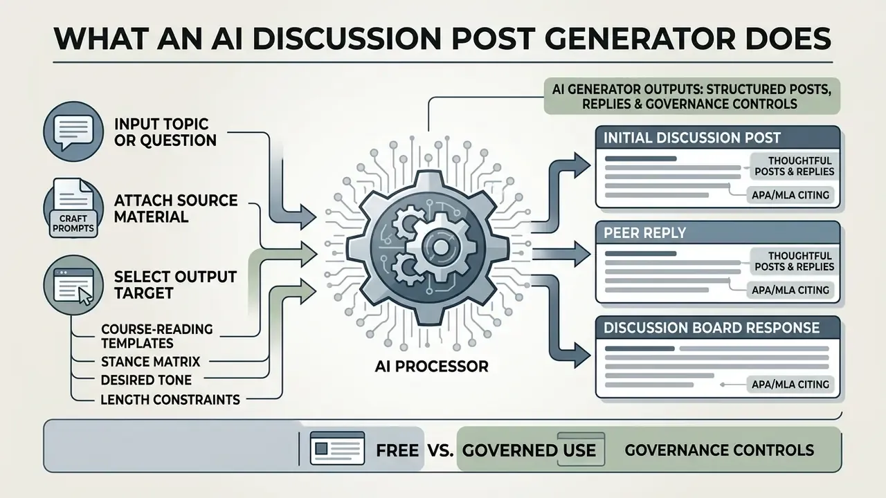 Flowchart showing how an AI discussion post generator processes user inputs to create structured content
