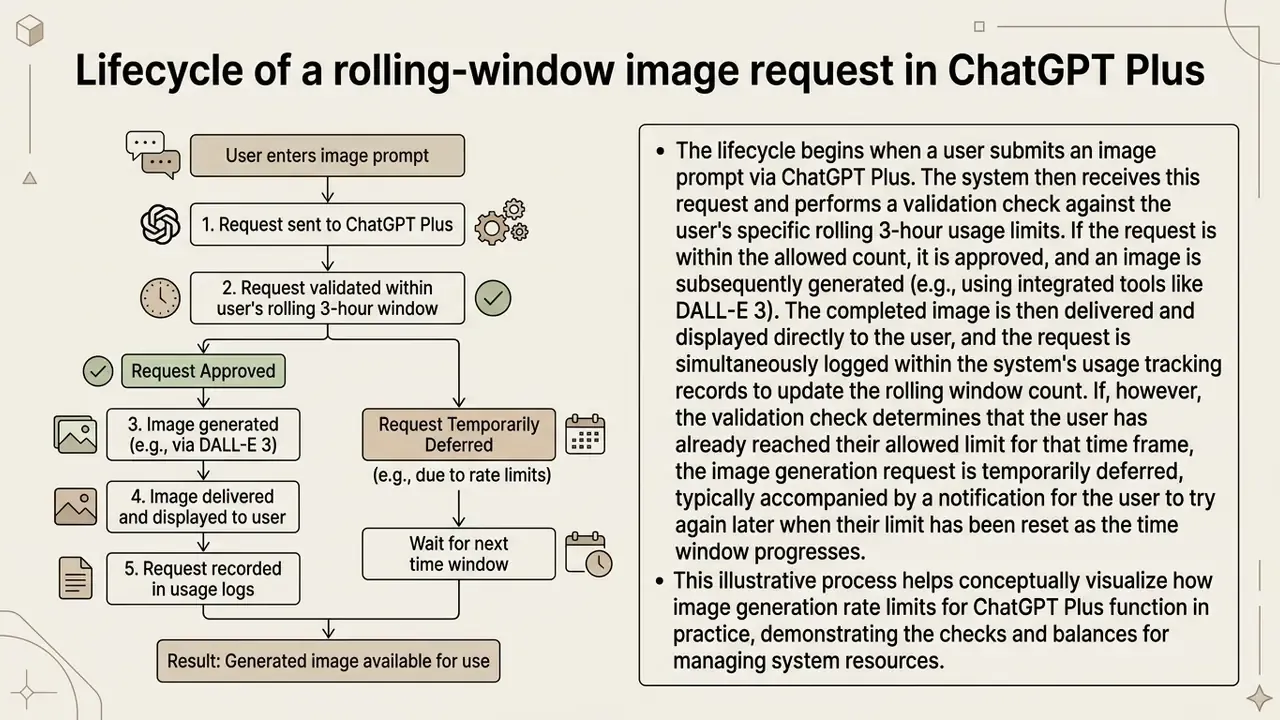 Flowchart detailing the sequential steps of a ChatGPT Plus image request and its validation process