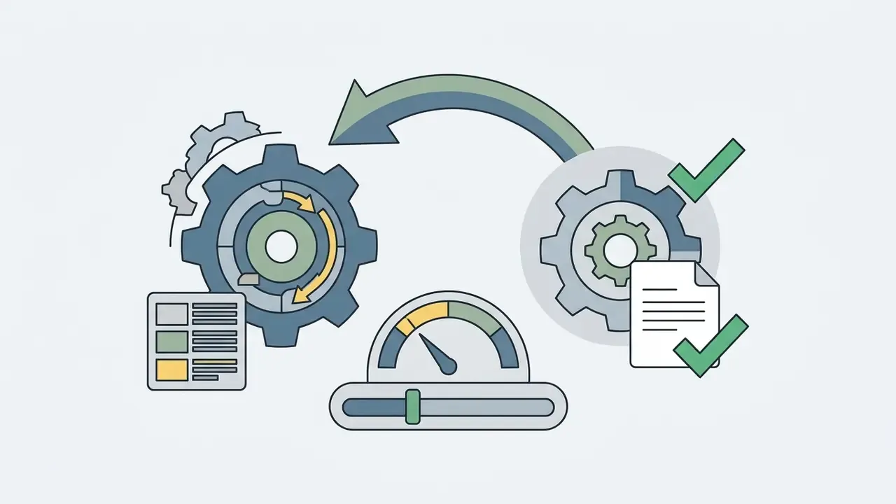 Curved arrow connecting a complex gear system to a verified document icon with a speed gauge below