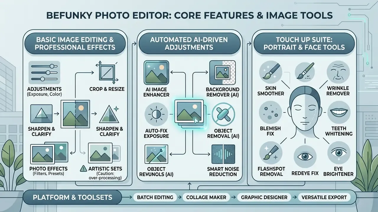 Layout of BeFunky editing modules including basic tools, AI adjustments, and portrait touch up features