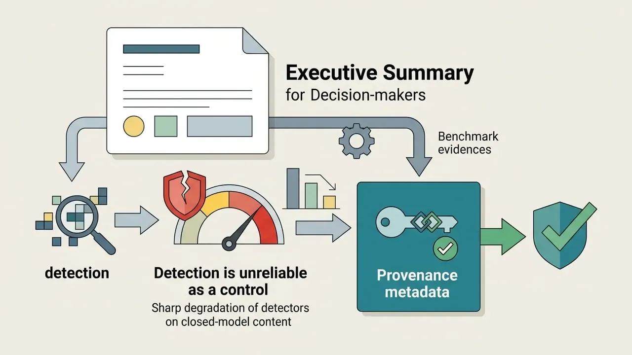 Flow showing how provenance metadata acts as a more reliable trust mechanism than AI video detection