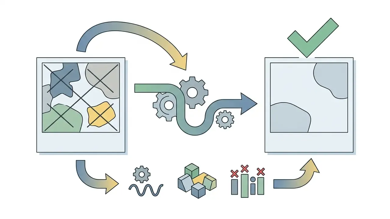 Visual representation of a photo editing workflow passing through gears to remove unwanted objects