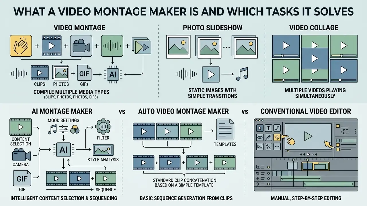 Infographic comparing video montage, slideshow, and collage formats alongside various editing software types
