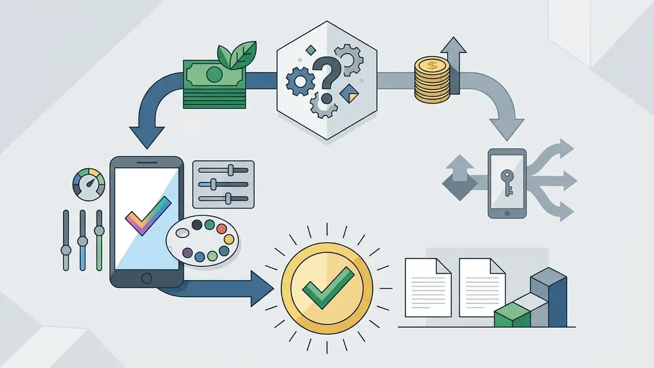 Cycle showing financial evaluation and manual editing tools leading to a validated best photo editor app
