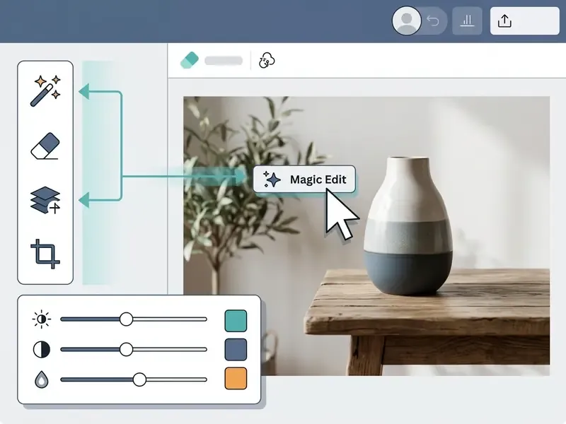 Interface layout showing a vertical toolbar with Magic Edit tools and adjustment sliders for image editing