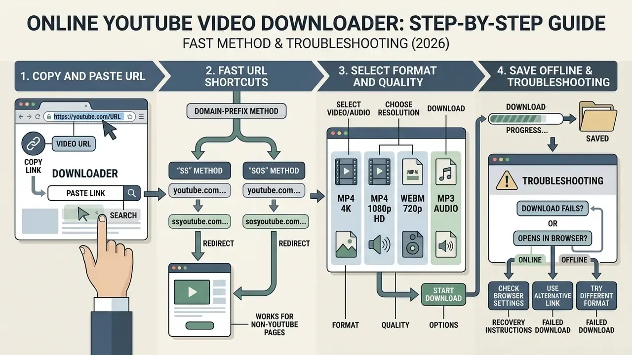 Flowchart detailing URL shortcuts, format selection, and troubleshooting for an online video downloader