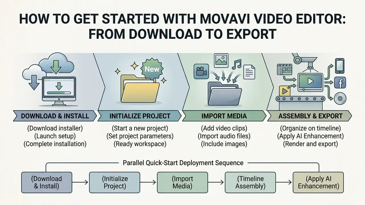Four-stage workflow diagram showing the process from software installation to final video export