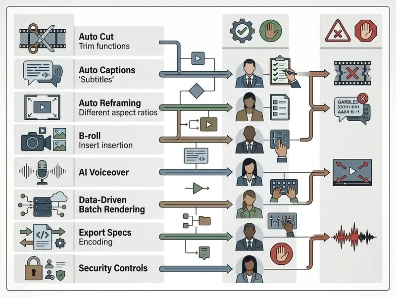 Accountability matrix mapping automated video editing tasks to human reviewers and rejection criteria