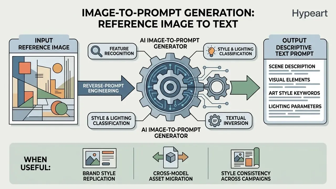 Diagram showing reverse-prompt engineering converting a reference image into a structured text prompt