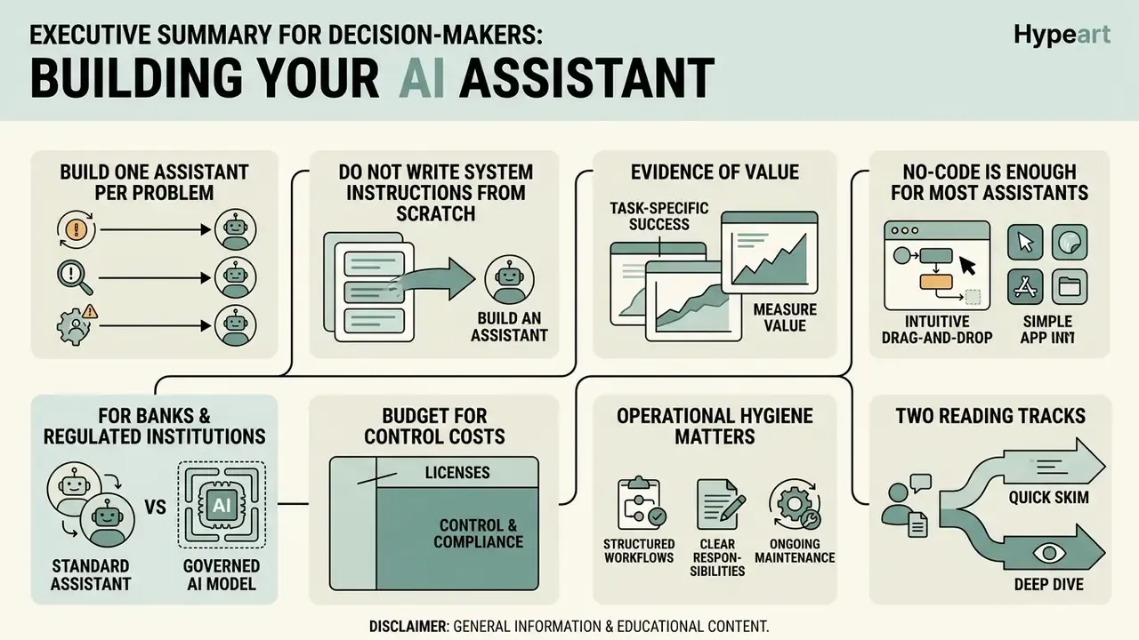 Infographic outlining key strategic considerations for businesses to create your own AI assistant