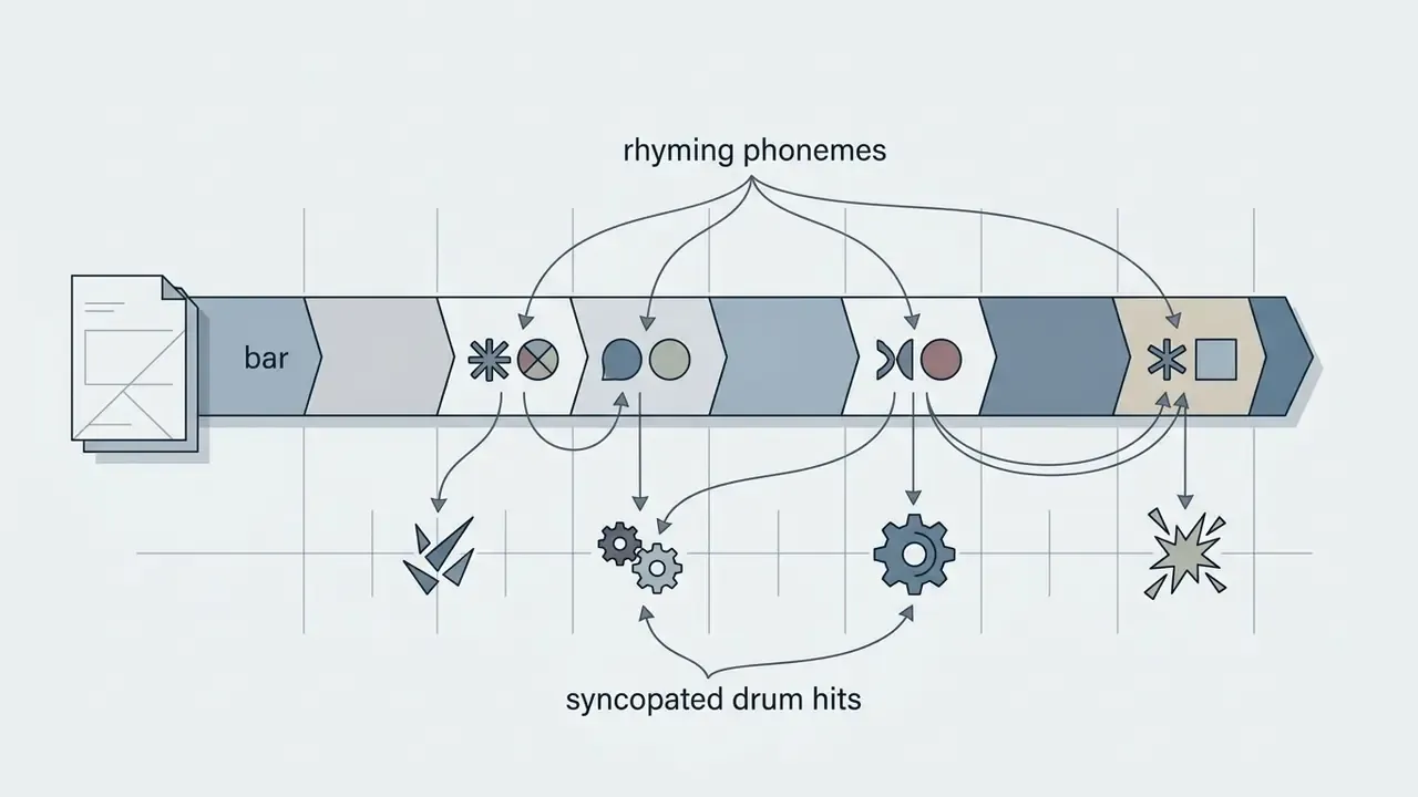 Horizontal timeline connecting rhyming phonemes within a musical bar to specific syncopated drum hits