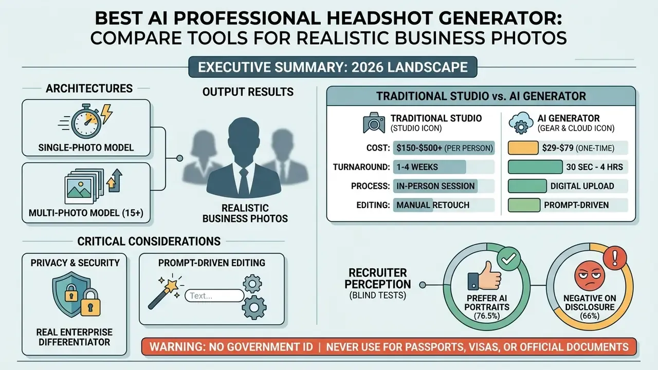 Infographic comparing AI headshot generator models with traditional studio costs and recruiter perceptions