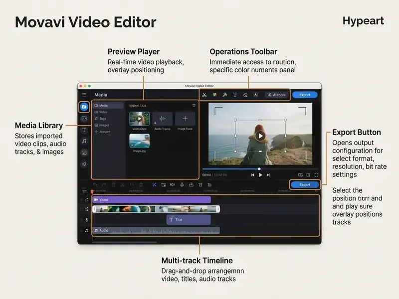Annotated layout of the Movavi Video Editor showing the media library, preview player, and timeline