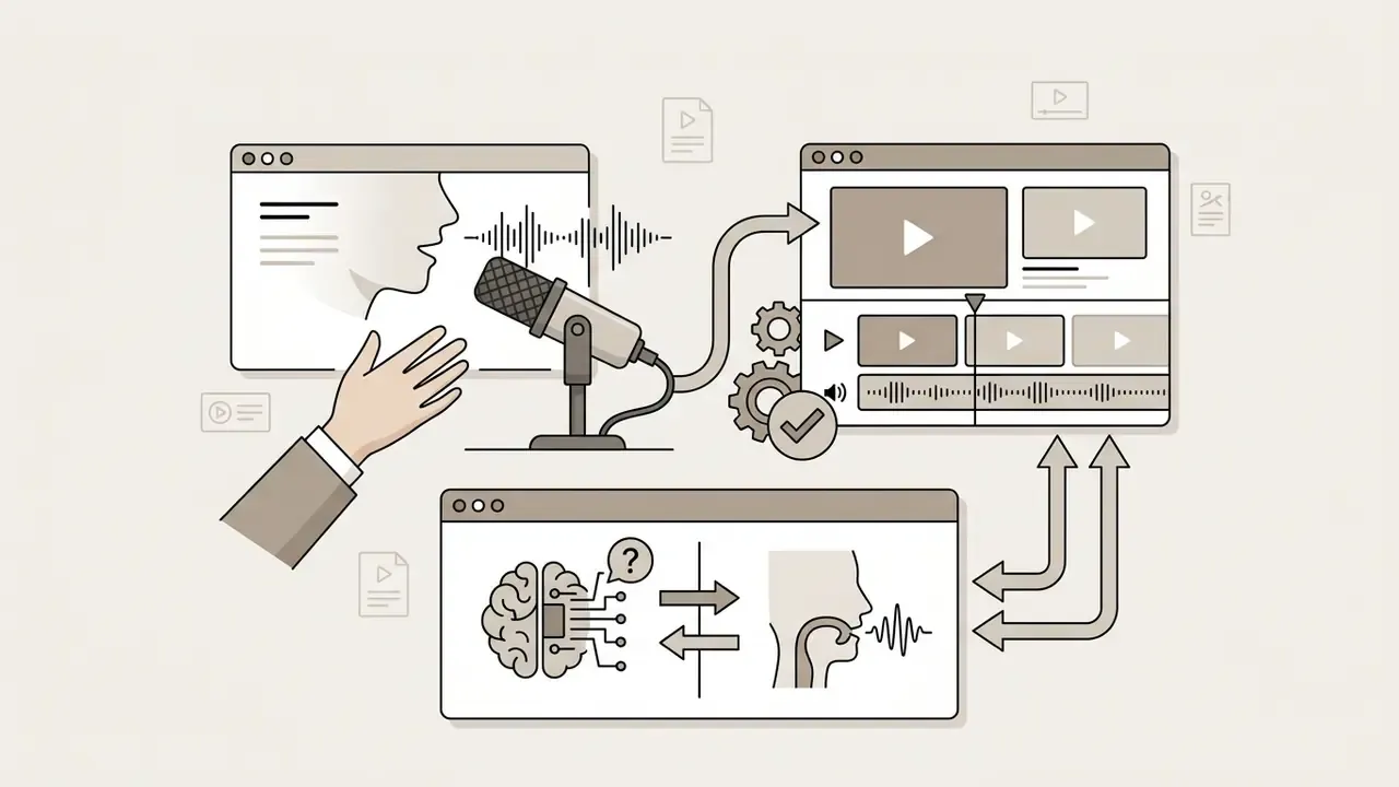 Diagram showing a microphone recording voiceover audio directly into a video editing timeline interface