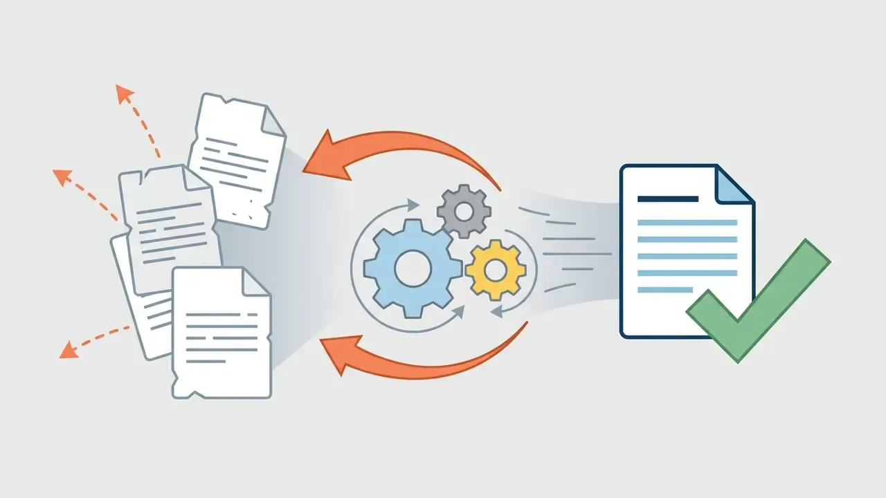 Multiple documents feeding into a central gear mechanism that outputs a single file with a green checkmark