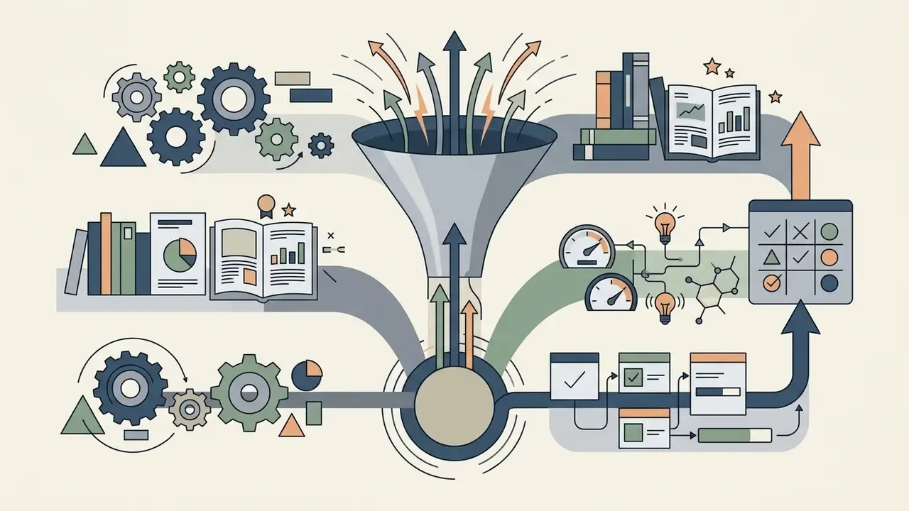 Funnel diagram showing research and technical inputs being processed into organized project outcomes