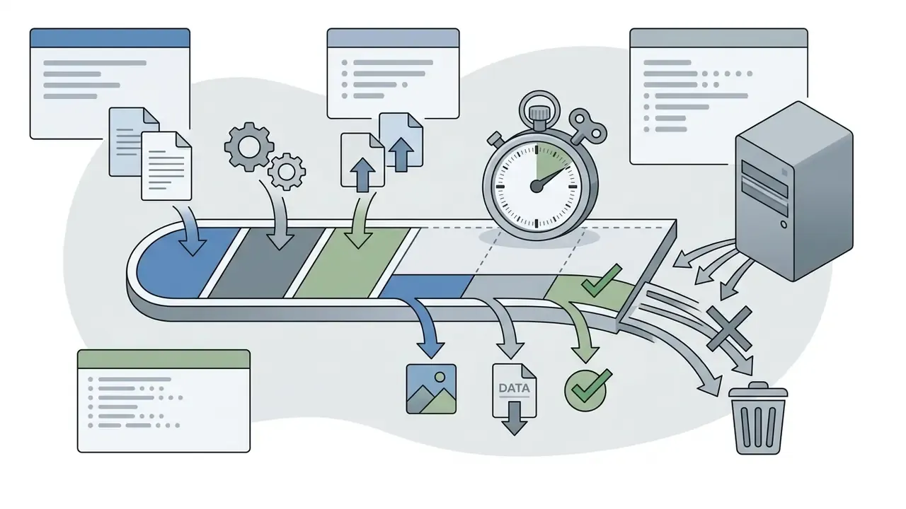 Stopwatch and data icons flowing through a timeline into server storage or a trash bin for deletion