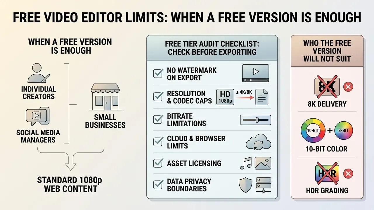 Checklist for free video editing apps covering export limits, resolution caps, and user suitability