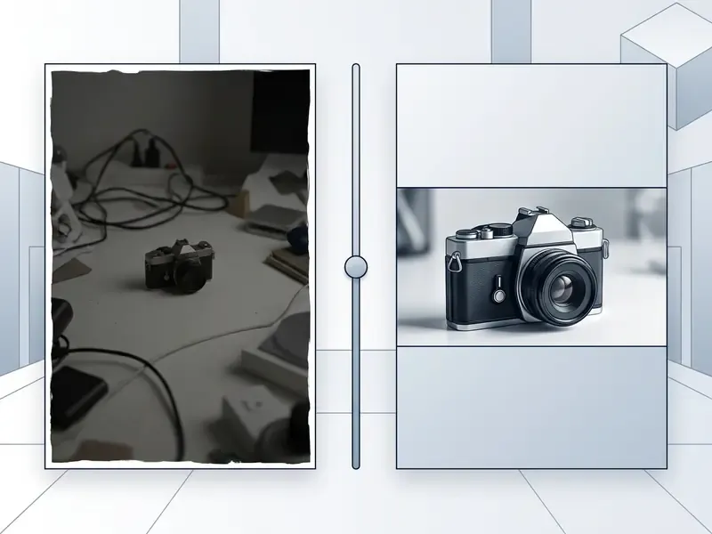 Comparison slider showing a cluttered original photo versus a cropped and optimized version for AI video