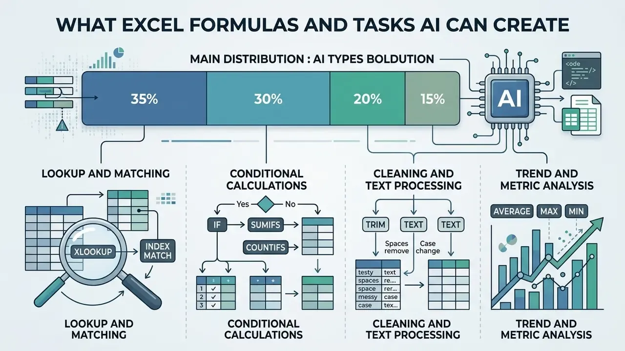 Bar chart showing the percentage distribution of spreadsheet tasks handled by an AI Excel formula generator