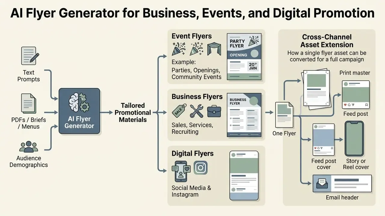 Diagram showing how an AI flyer generator creates diverse promotional assets from input data