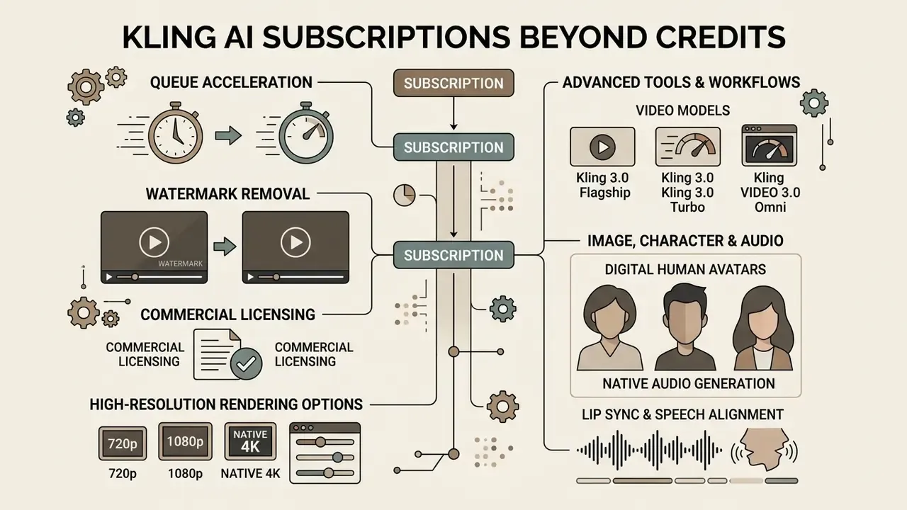Visual breakdown of Kling AI subscription benefits including queue speed, licensing, and advanced tools