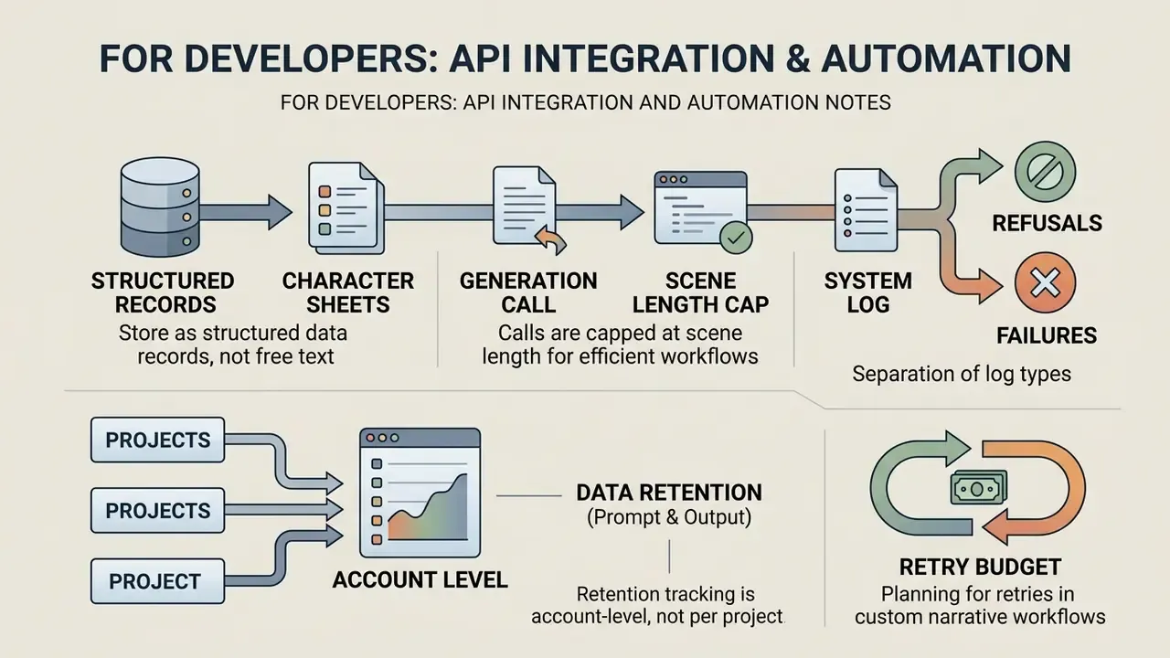 Diagram showing API data workflows, character record storage, log separation, and retention tracking