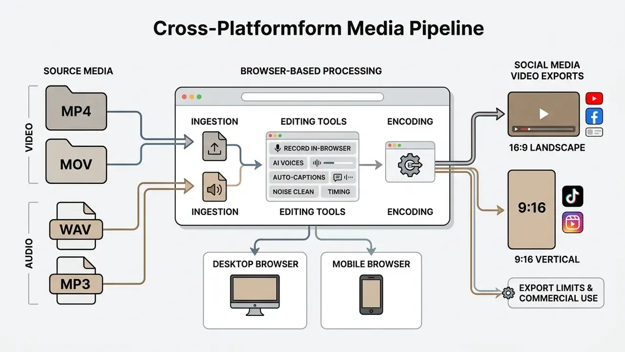 Diagram showing media files processed in browsers for landscape or vertical social media video exports