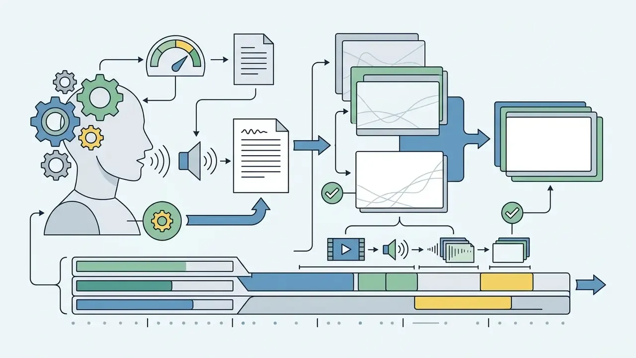Diagram showing text-to-speech synthesis, avatar rendering, and layered timeline construction for video