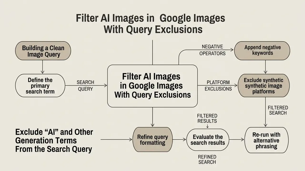 Flowchart outlining steps to remove AI images from Google search using negative keywords and exclusions