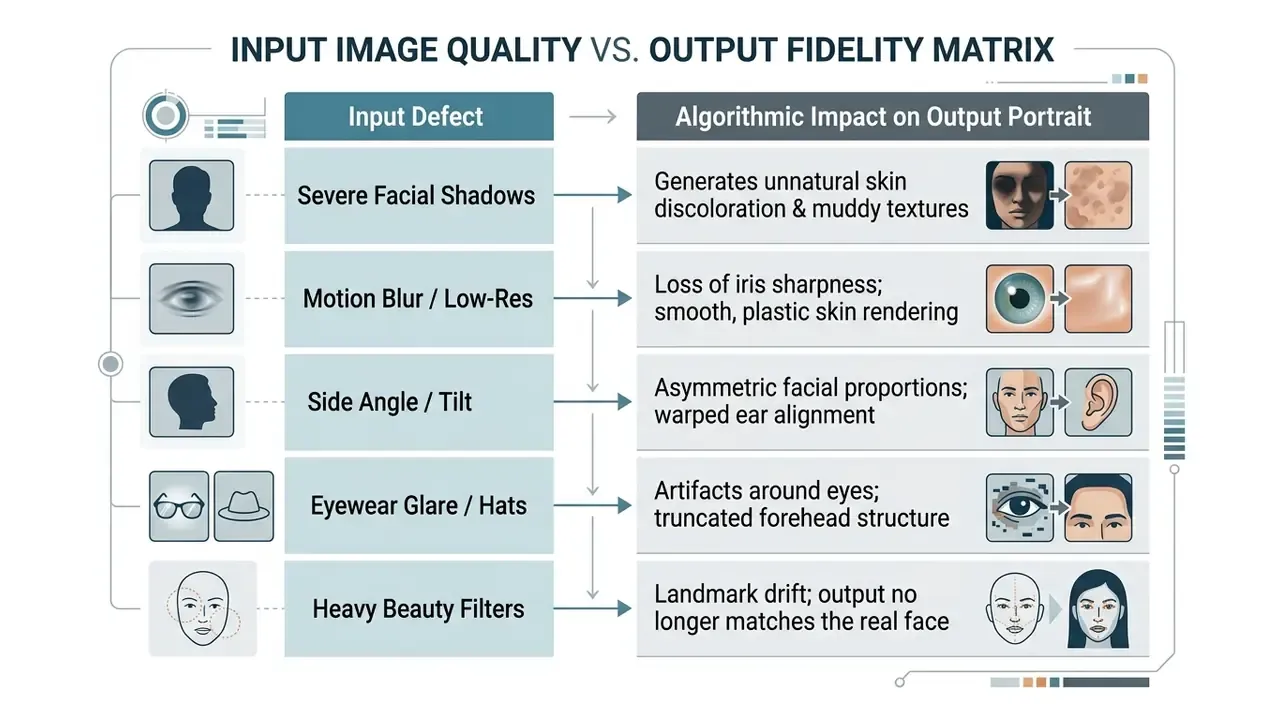 Matrix showing how specific input photo defects negatively impact the quality of AI generated portraits
