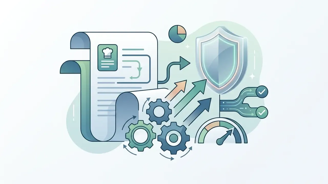 Document with a chef hat icon, spinning gears, rising arrows, and a shield icon representing data protection