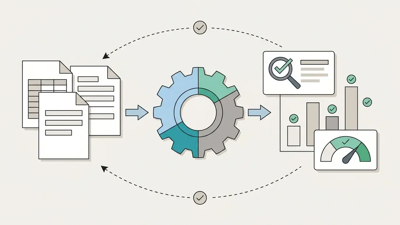 Source files moving through a gear processor to generate validated charts and performance metrics
