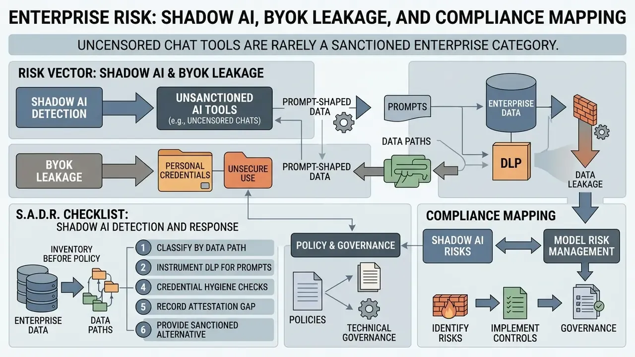 Process map showing how shadow AI and BYOK leakage impact enterprise data security and compliance