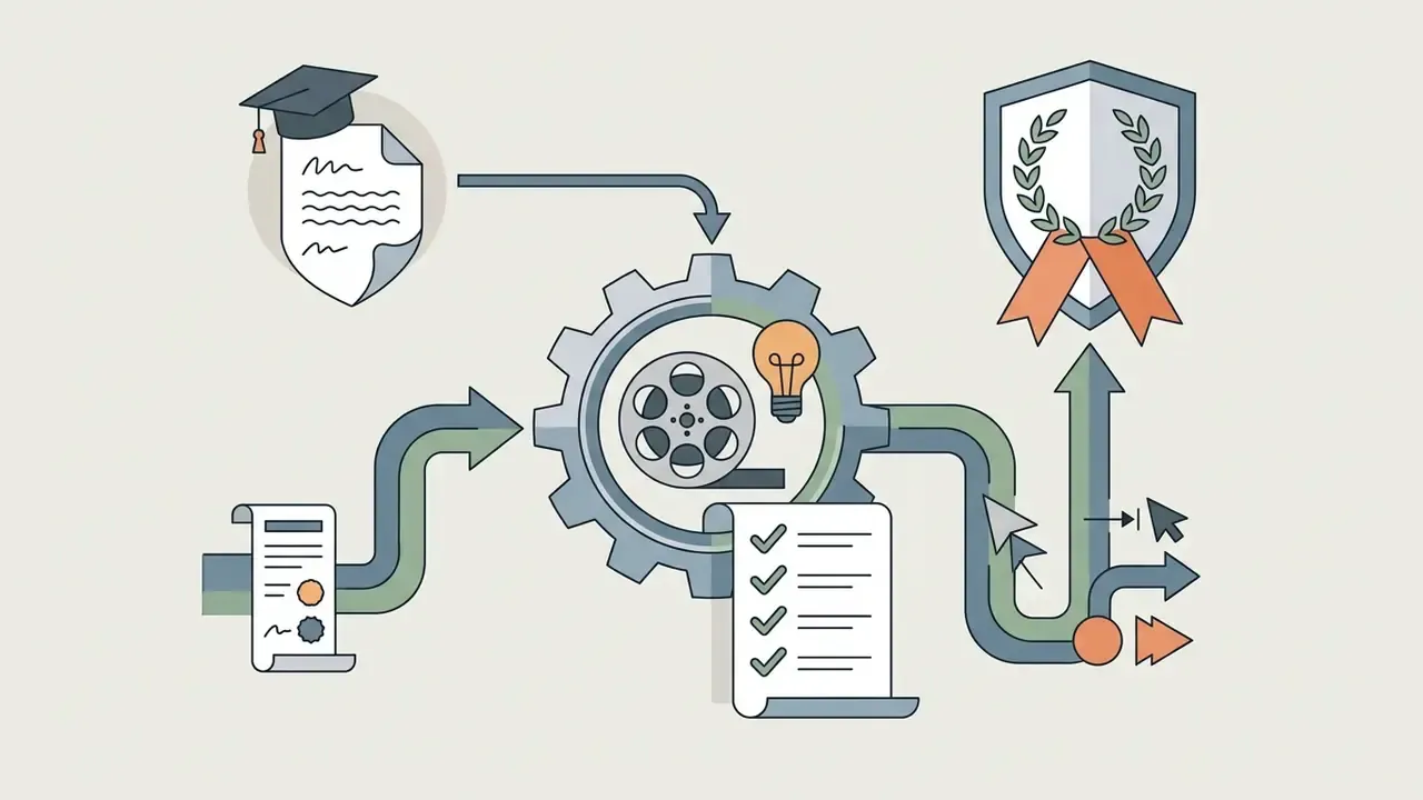 Academic document and checklist feeding into a gear with film reel and lightbulb icons leading to a trophy