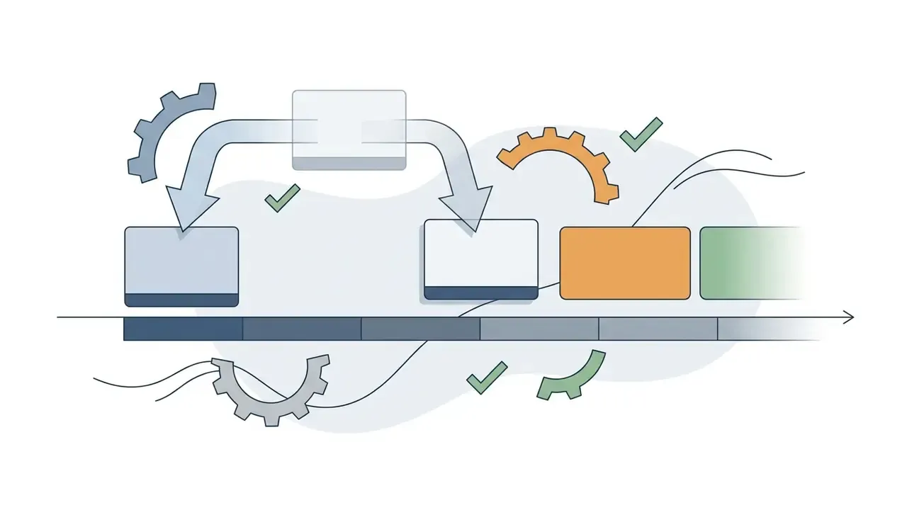 Arrows moving video clips into a new sequence above a timeline with gear icons and checkmarks