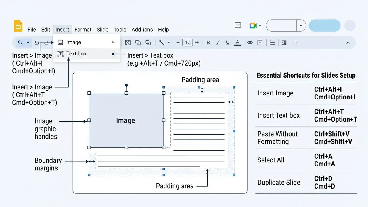 Annotated Google Slides interface showing insert menu options and keyboard shortcuts for object layout