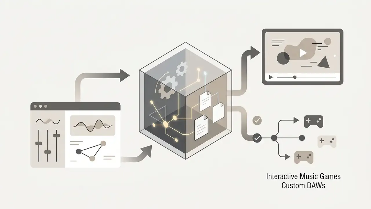 Digital interface feeding into a central processing cube that outputs to video players and interactive game modules