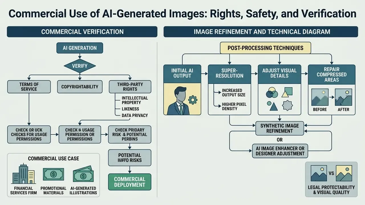 Two-part diagram showing legal verification steps and technical image refinement workflows for AI assets