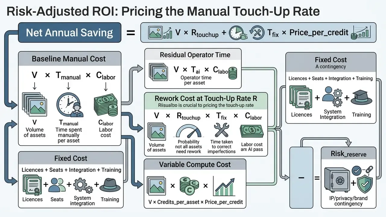 Mathematical formula showing the calculation of net annual savings for automated image editing workflows