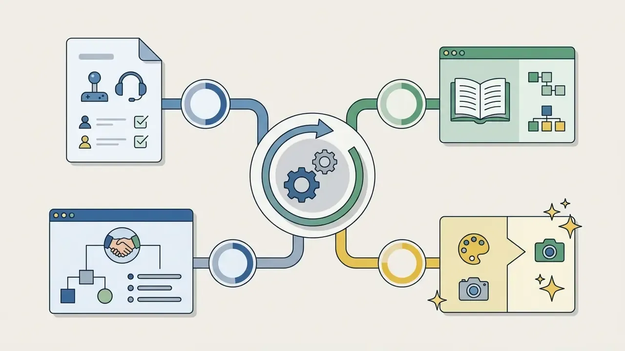 Four distinct icons representing community roles and media connected to a central gear processing hub