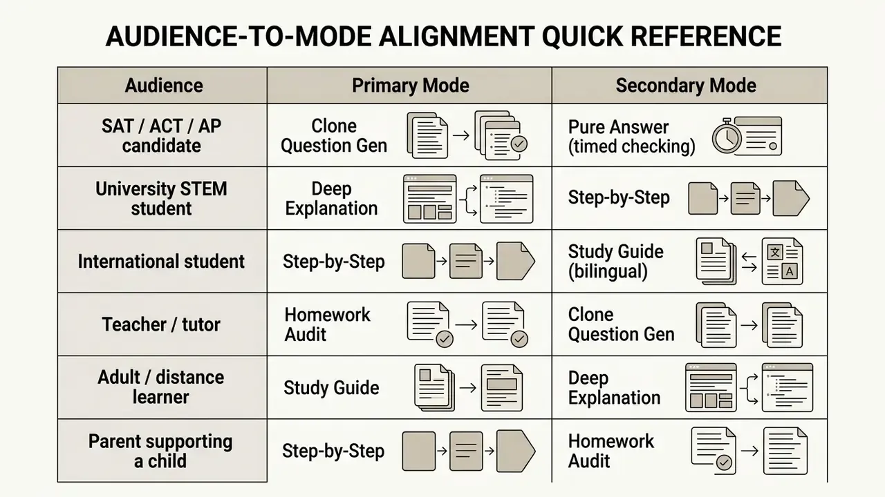 Reference grid matching learner types to primary and secondary AI homework helper output modes