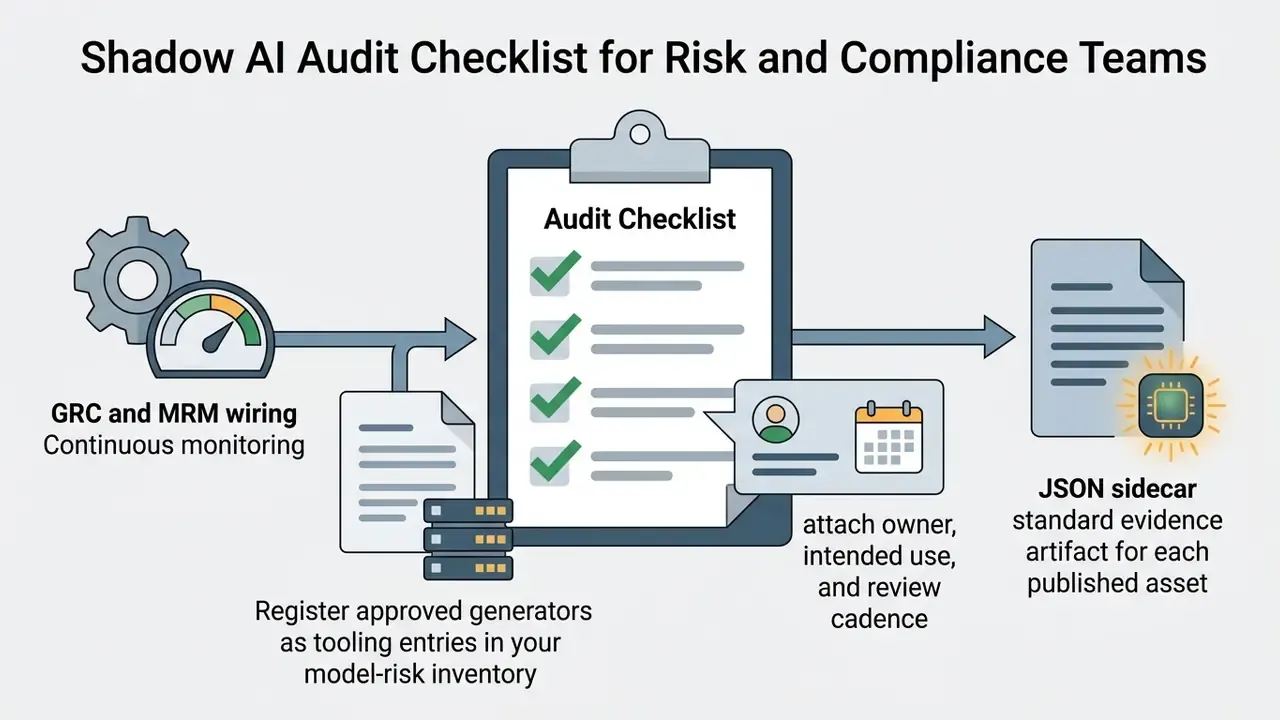 Workflow showing a gear and gauge connecting to an audit checklist with owner and JSON sidecar metadata